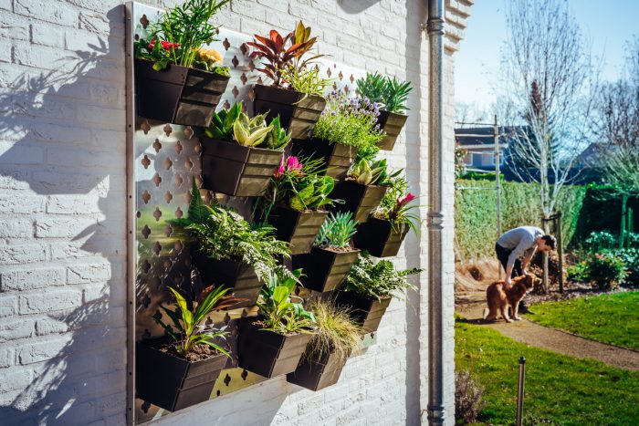 Verticale tuin met bloembakken buiten